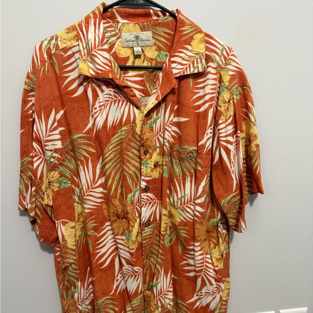 Orange and Green Casual Button Down Shirt with Botanical Print